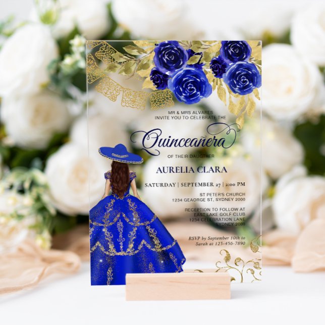 Elegant Floral Royal Blue Mexican Quinceañera Acrylic Invitations (Creator Uploaded)