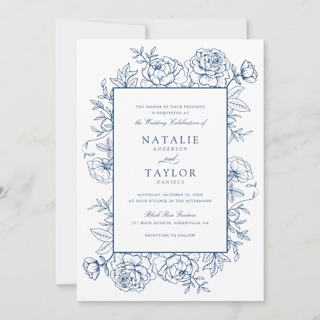 Elegant Floral Royal Blue Roses Frame Wedding Invitation (Front)