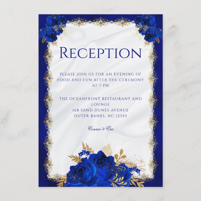 Elegant Floral Royal Blue Wedding Reception Enclosure Card (Front)