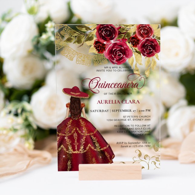 Elegant Floral Ruby Red Charra Quinceañera Acrylic Invitations (Creator Uploaded)