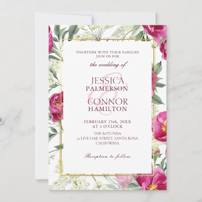 Elegant Floral Rustic Burgundy Pink Wedding Invitation (Front)