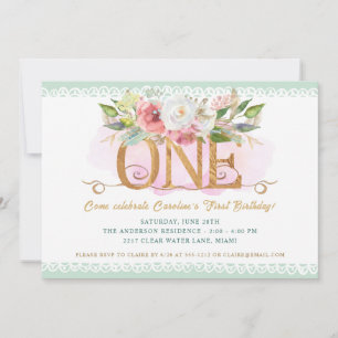 Elegant Floral Sage Green 1st Birthday Party Invitation