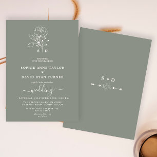 Elegant Floral Sage Green Boho Monogram Wedding Invitation