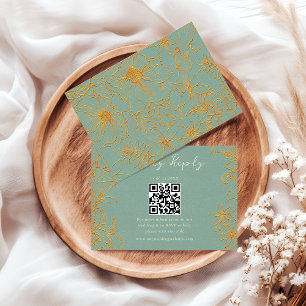 Elegant Floral Sage Green Gold QR Code Wedding RSVP Card
