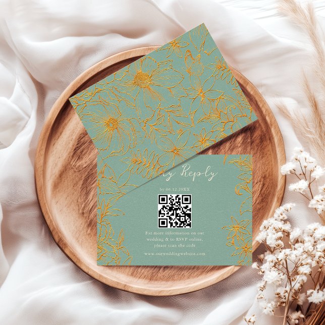 Elegant Floral Sage Green Gold QR Code Wedding RSVP Card (Creator Uploaded)