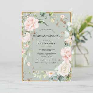 Elegant Floral Sage Green Gold Quinceanera Invitation