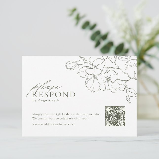 Elegant floral sage green wedding QR code  RSVP Card (Standing Front)