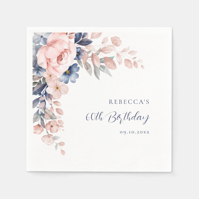 Elegant Floral Script 60th Birthday Any Age Napkin (Front)