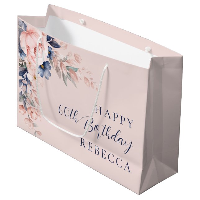 Elegant Floral Script 60th Birthday Custom Large Gift Bag (Front Angled)