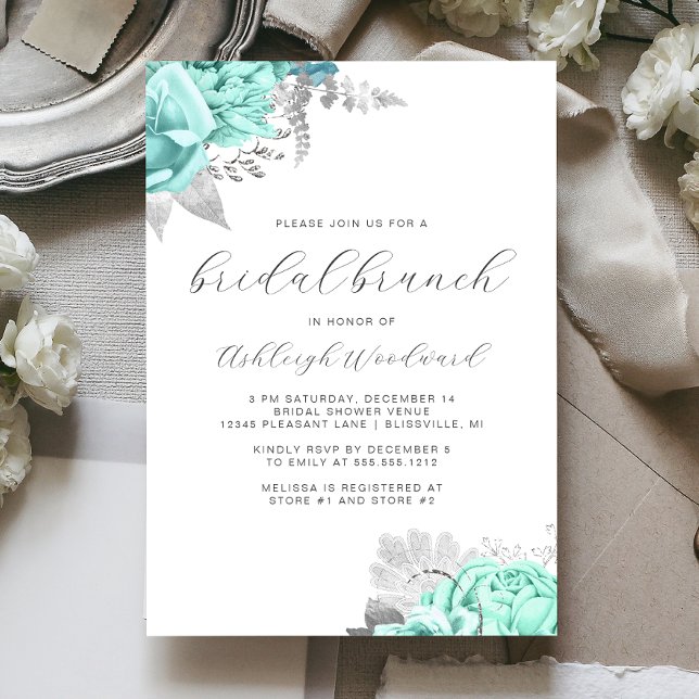 Elegant Floral Script Aqua Silver Bridal Brunch Invitation (Creator Uploaded)