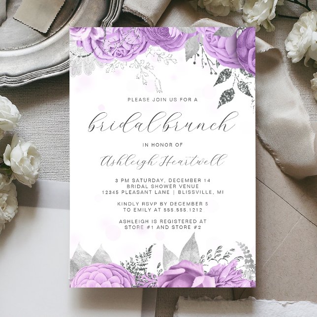 Elegant Floral Script Lilac Silver Bridal Brunch Invitation (Creator Uploaded)