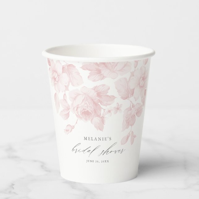 Elegant Floral Script Pink Bridal Shower Paper Cups (Front)