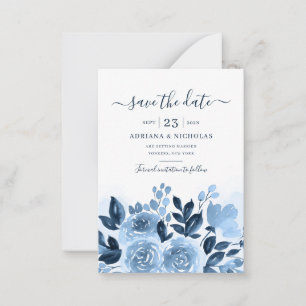 Elegant Floral Script Watercolor Navy Blue Wedding Card