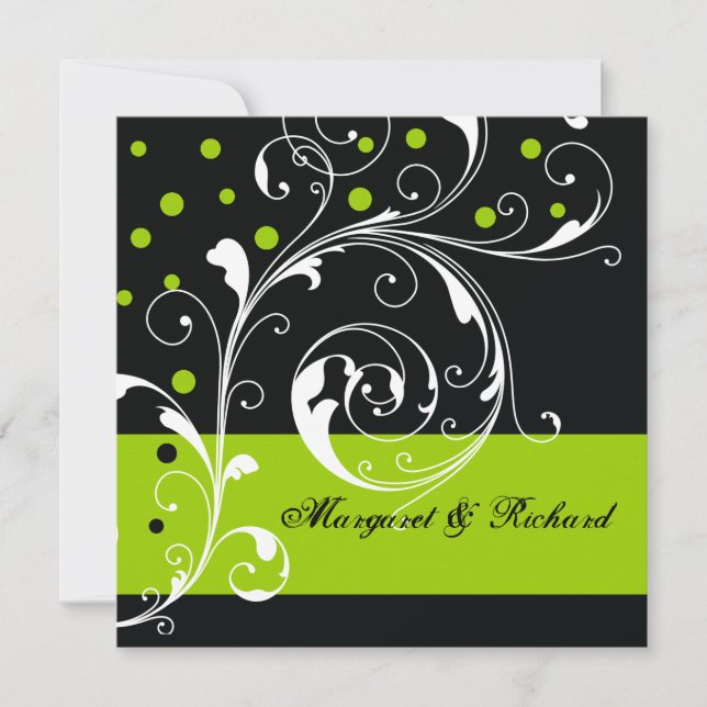 Elegant floral scroll leaf black, green wedding invitation (Front)
