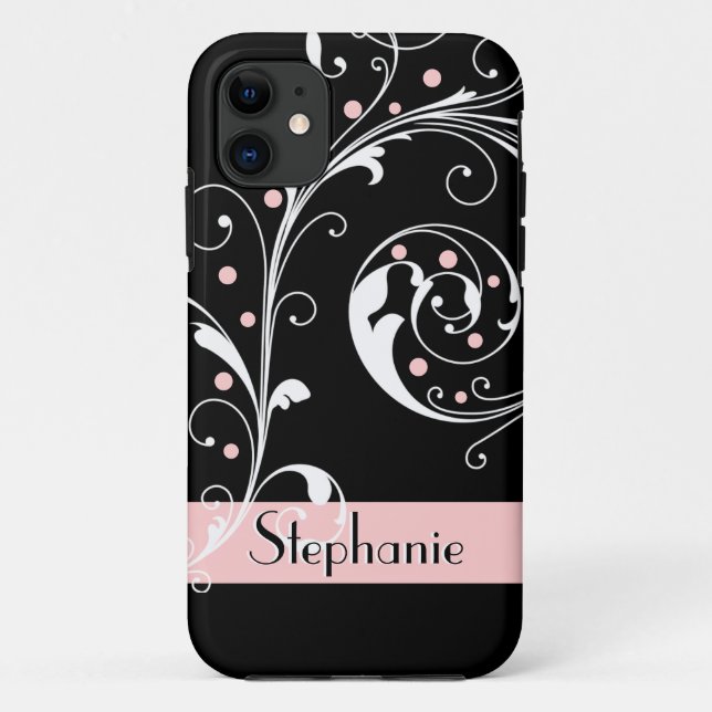 Elegant floral scroll leaf black pink flourish Case-Mate iPhone case (Back)