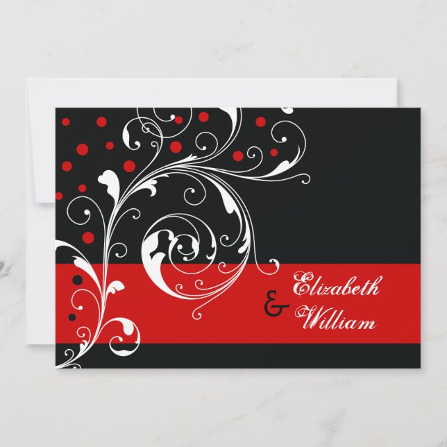 Elegant floral scroll leaf black, red wedding invitation (Front)