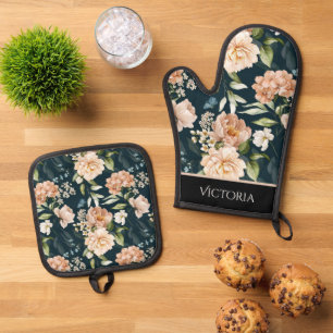 Elegant Floral Shabby Chic Personalised Oven Mitt & Pot Holder Set