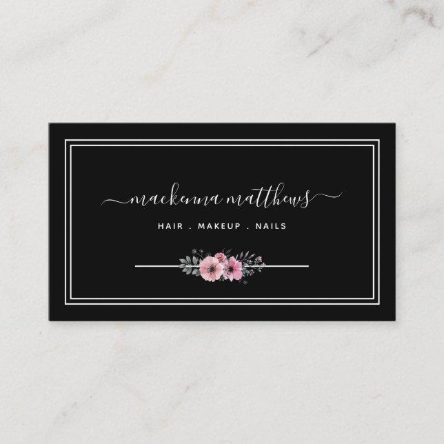 Elegant Floral Signature Script Hairstylist Salon Business Card (Front)