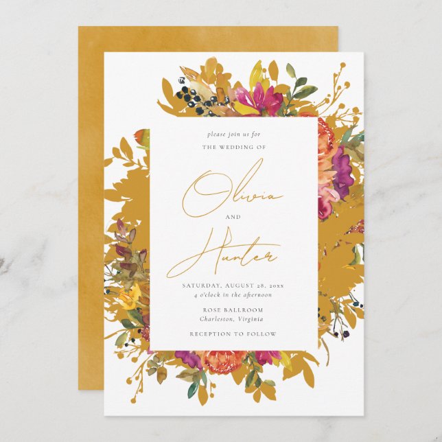 Elegant Floral Silhouette Mustard Yellow Wedding I Invitation (Front/Back)