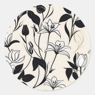 Elegant Floral Silhouettes White and Black Classic Round Sticker