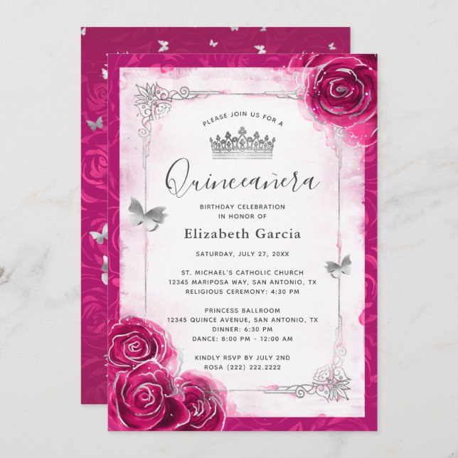 Elegant Floral Silver and Fuchsia Quinceanera Invitation (Front/Back)