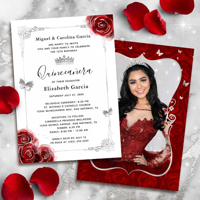 Elegant Floral Silver and Red Quinceanera Photo Invitation (Easily add your own photo to the back, or use the space for extra event details.)