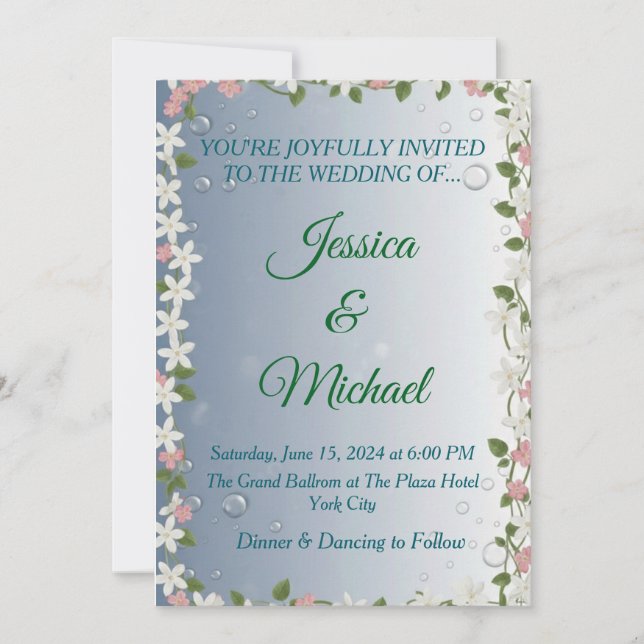 Elegant Floral Silver & Blue Wedding Invitation  (Front)