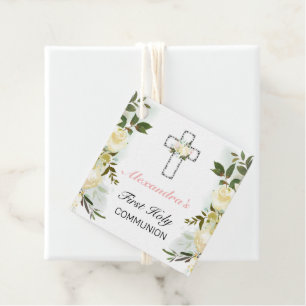Elegant Floral Silver Cross 1st Holy Communion Favour Tags