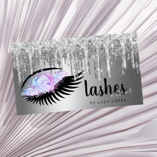 Elegant floral silver glitter drips lashes & brows business card