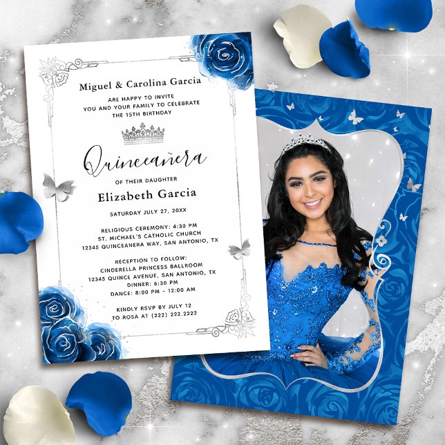 Elegant Floral Silver Royal Blue Quinceanera Photo Invitation (Elegant royal blue and silver quinceanera invitations that you can add your personalized photo to.)