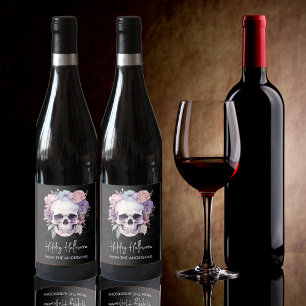 Elegant Floral Skull Gothic Happy Halloween custom Wine Label