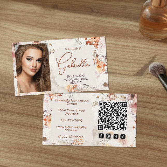 Elegant Floral Social Icon QR Code Photo Makeup Business Card (Creator Uploaded)