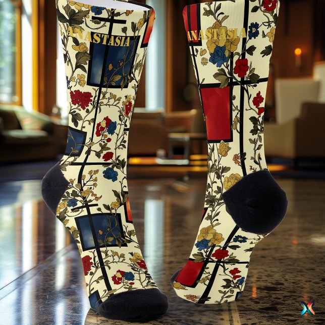 Elegant Floral Socks with Retro Geometric Accents (Creator Uploaded)