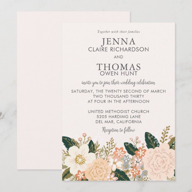 Elegant Floral Soft Pastel Wedding Invitation (Front/Back)