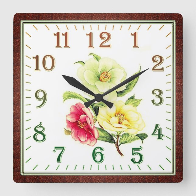Elegant Floral Square Acrylic Wall Clock (Front)