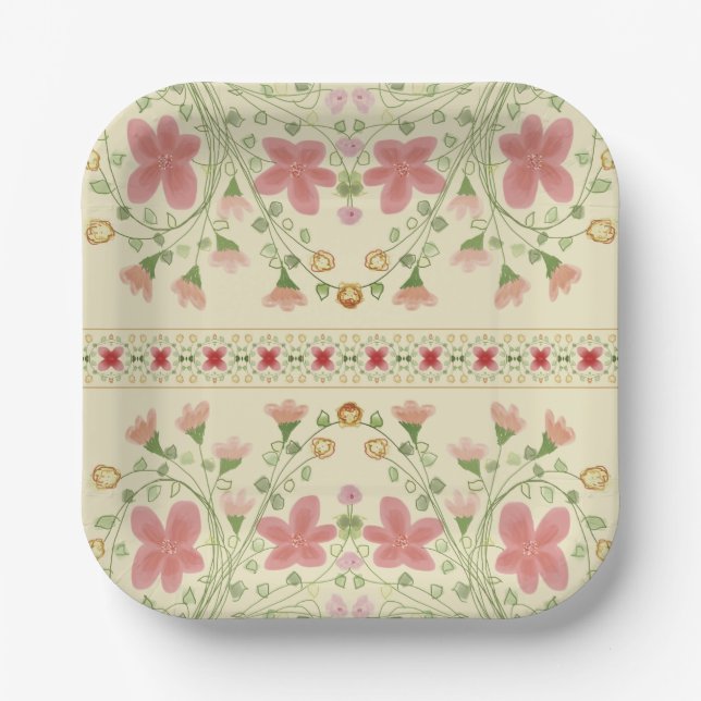Elegant Floral Square Paper Plate (Front)
