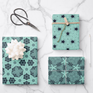 Elegant Floral & Star Patterns in Mint Tones Wrapping Paper Sheet