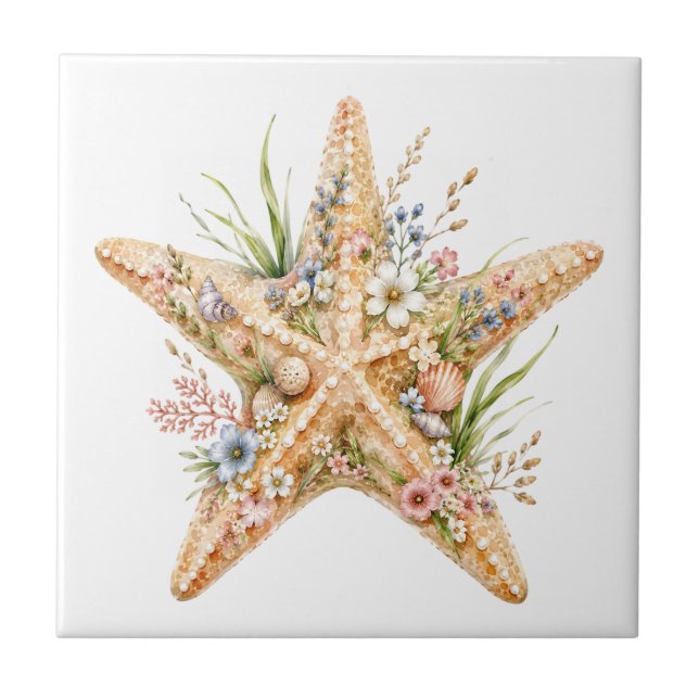 Elegant Floral Starfish Coastal Beach Art Décor Tile (Front)