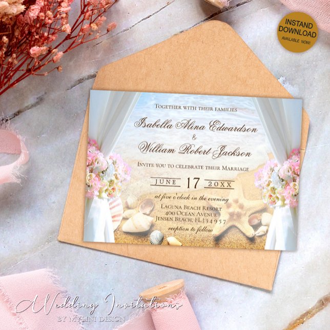 Elegant Floral Starfish Tropical Beach Wedding Invitation (Creator Uploaded)