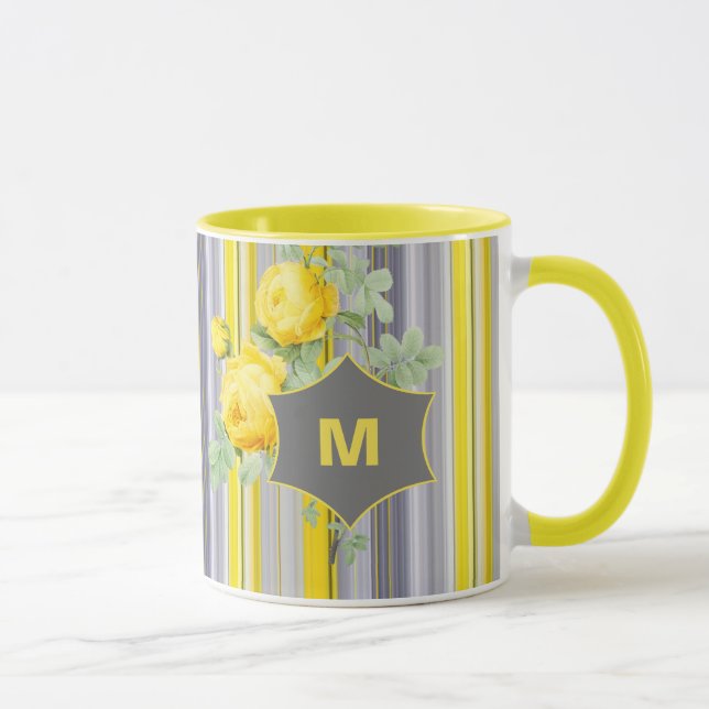 Elegant Floral Stiped Sunny Yellow Grey Monogram Mug (Right)