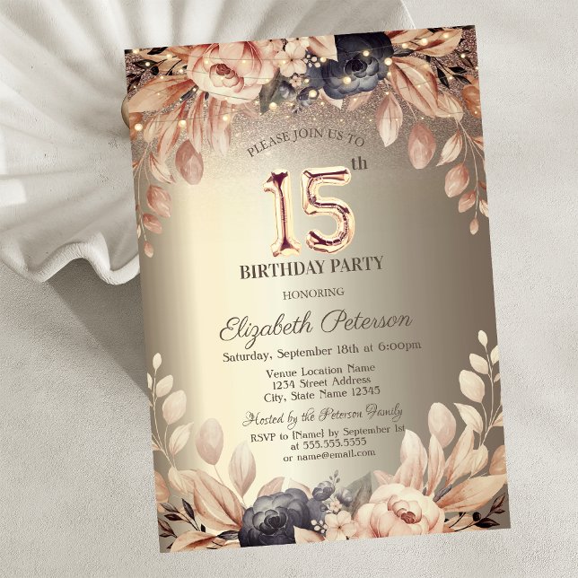 Elegant Floral,String Lights 15th Birthday Invitation (Creator Uploaded)