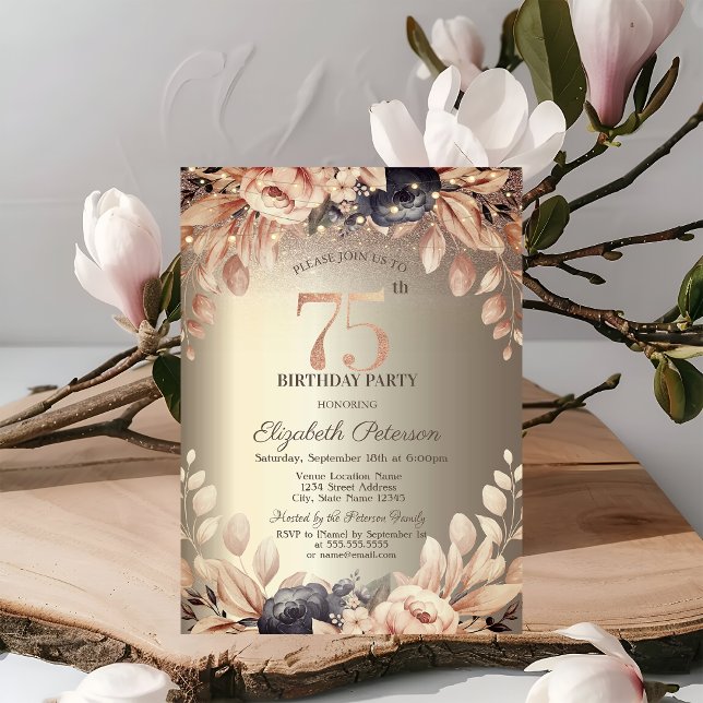 Elegant Floral,String Lights 75th Birthday  Invitation (Creator Uploaded)