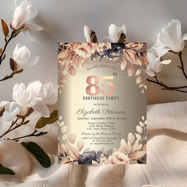 Elegant Floral,String Lights 85th Birthday  Invitation (Creator Uploaded)