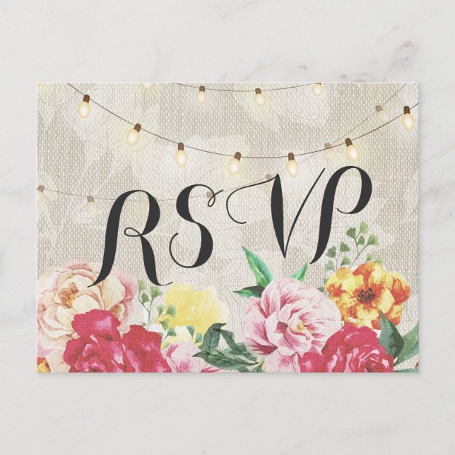 Elegant Floral String Lights Linen Wedding RSVP Invitation Postcard (Front)