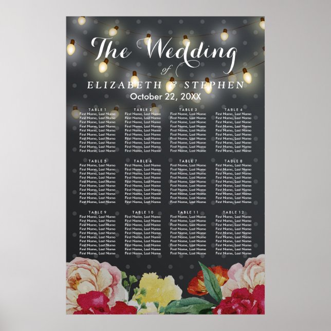 Elegant Floral String Lights Wedding Seating Chart (Front)
