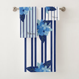 Elegant Floral Striped Pattern Monochromatic Blue Bath Towel Set