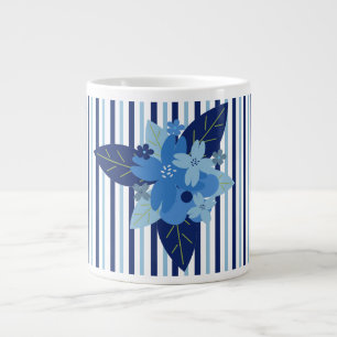 Elegant floral stripes monochromatic blue large coffee mug