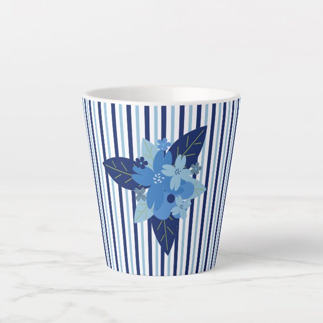 Elegant floral stripes monochromatic blue latte mug (Front)