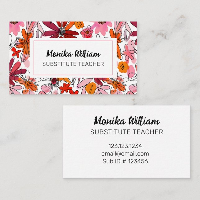 Elegant Floral Substitute Teacher  Business Card (Front/Back)