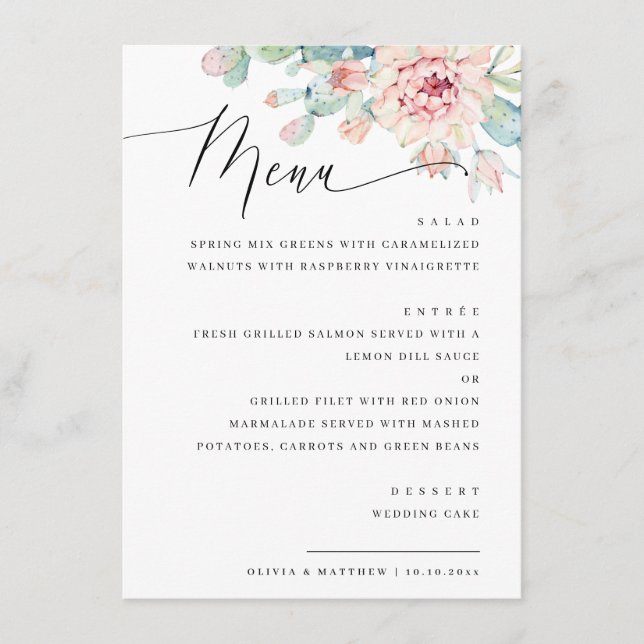 Elegant Floral Succulent Wedding. Botanical Dinner Menu (Front)